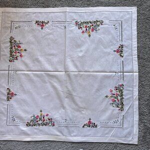 Hand Embroidered Vintage Tablecloth Colorful Flower Garden